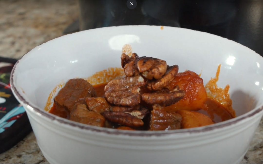 Sweet Potato Red Chile Stew with Pecan Pralines